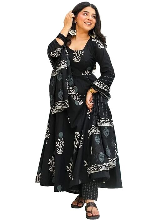 Black Printed Kurta Pant with Dupatta