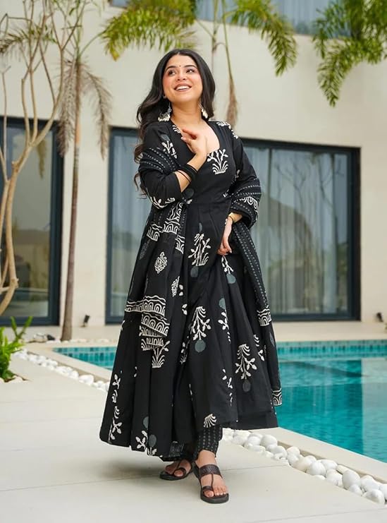 Black Printed Kurta Pant with Dupatta