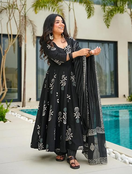 Black Printed Kurta Pant with Dupatta