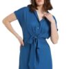 Solid Shirt Collar Belted Midi Dress