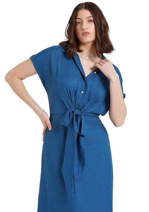 Solid Shirt Collar Belted Midi Dress