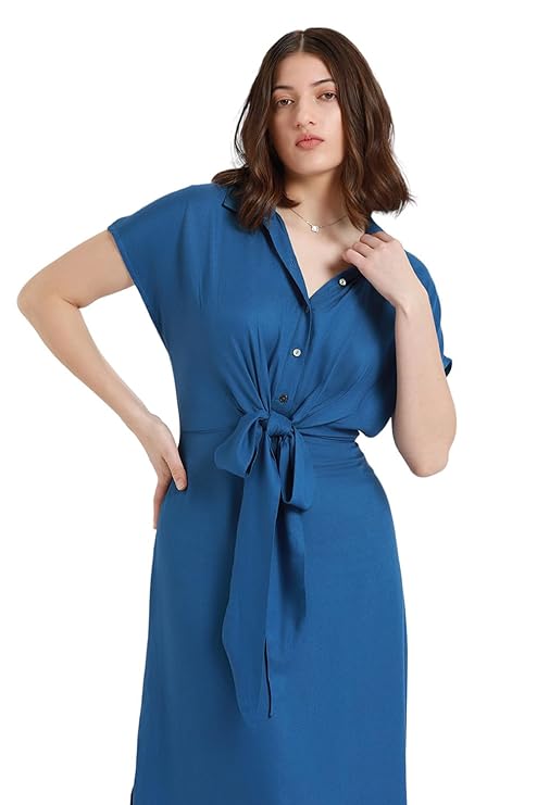 Solid Shirt Collar Belted Midi Dress