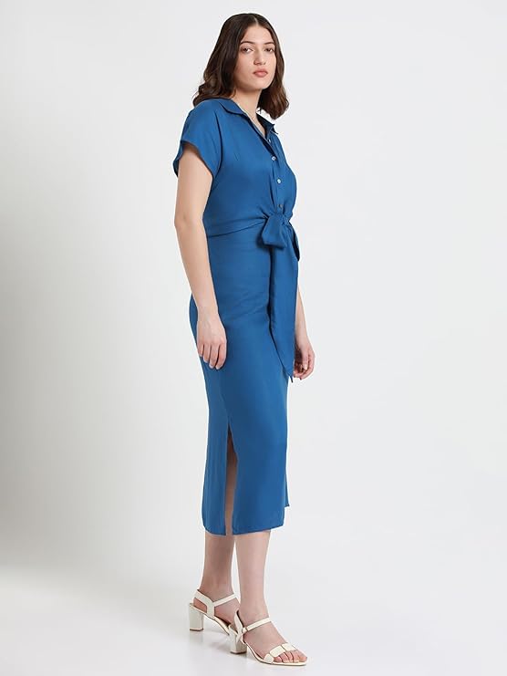 Solid Shirt Collar Belted Midi Dress