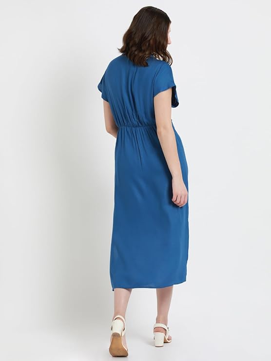 Solid Shirt Collar Belted Midi Dress