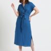 Solid Shirt Collar Belted Midi Dress