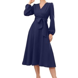 Women's Polyester A-line V-Neck Bishop Sleeve Midi Belted Dress