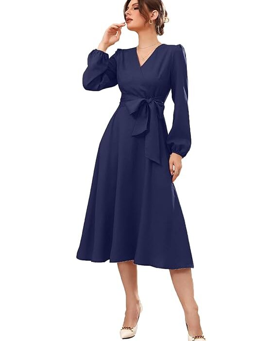 Women's Polyester A-line V-Neck Bishop Sleeve Midi Belted Dress