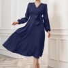 Women's Polyester A-line V-Neck Bishop Sleeve Midi Belted Dress