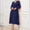 Women's Polyester A-line V-Neck Bishop Sleeve Midi Belted Dress