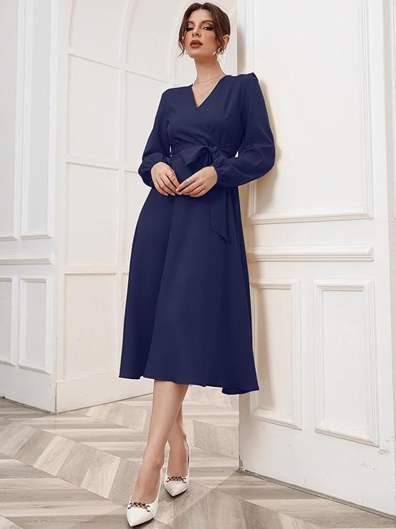 Women's Polyester A-line V-Neck Bishop Sleeve Midi Belted Dress